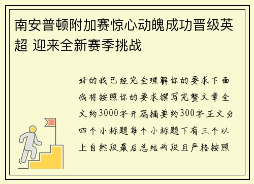 南安普顿附加赛惊心动魄成功晋级英超 迎来全新赛季挑战