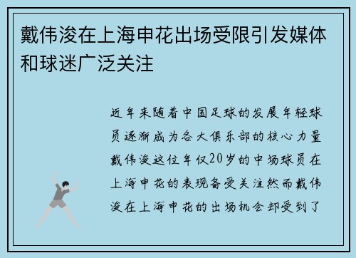 戴伟浚在上海申花出场受限引发媒体和球迷广泛关注