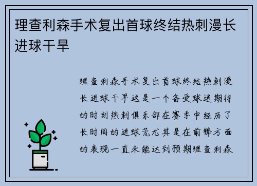 理查利森手术复出首球终结热刺漫长进球干旱